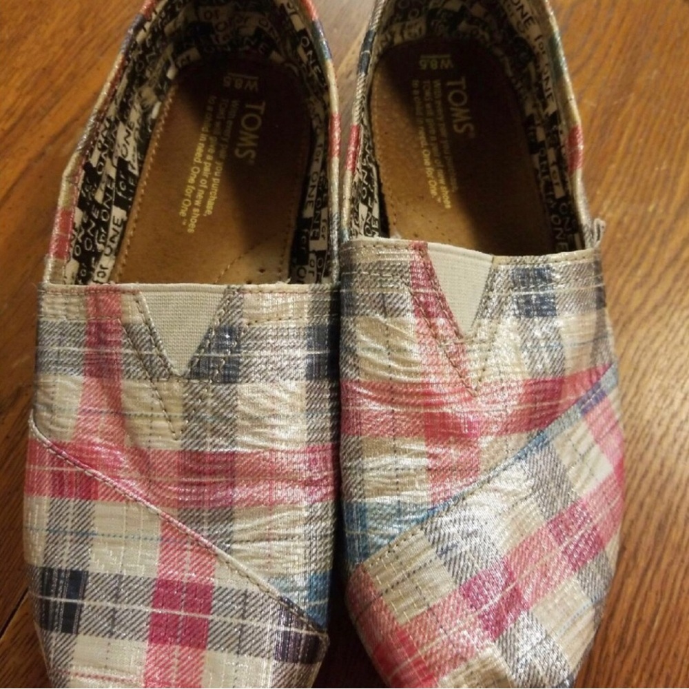 TOMS Plaid Slip-On Shoes in Beige, Pink & Blue
